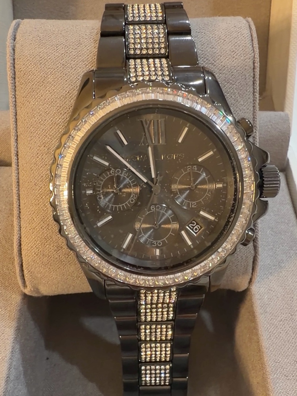 Michael Kors Gunmetal Black Crystal-Trim Chronograph Watch